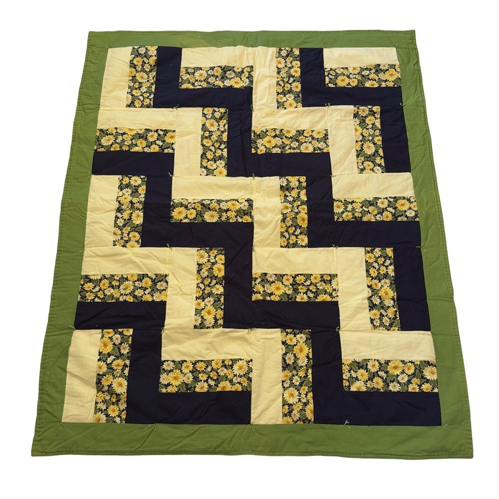 Handmade Sunflower Rail Fence‎ Patchwork Quilt Navy Yellow Green 40x49 Throw